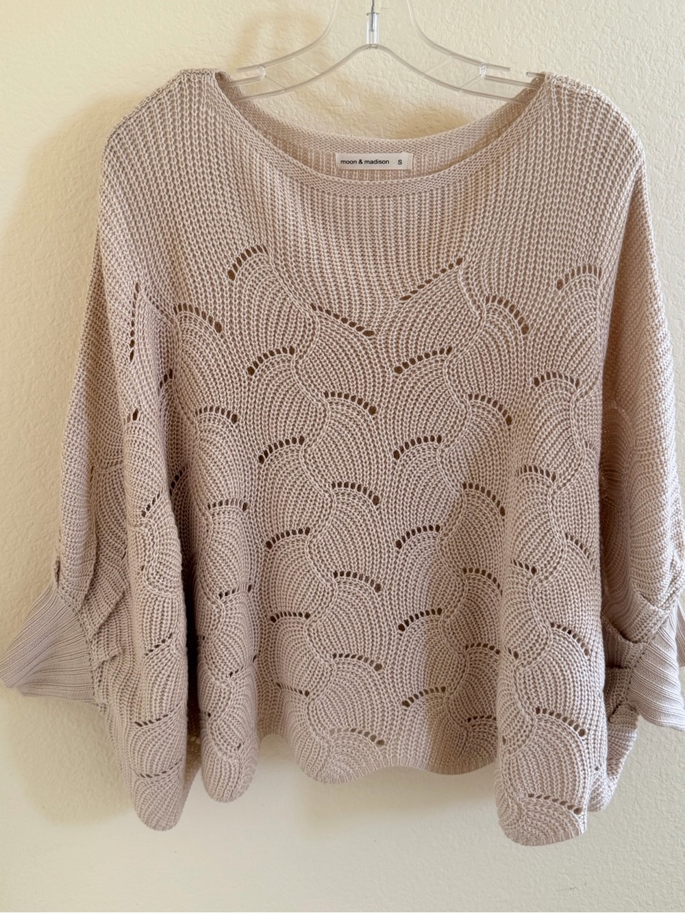 Moon & Madison Taupe Openwork Knit Scoop Neck Sweater